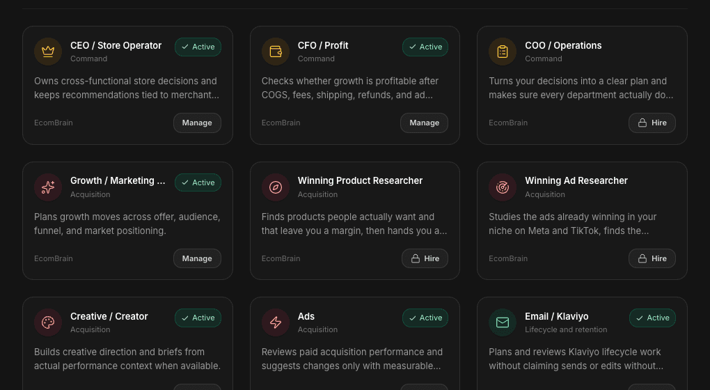 EcomBrain AI employees catalogue showing ecommerce agents with roles and active status