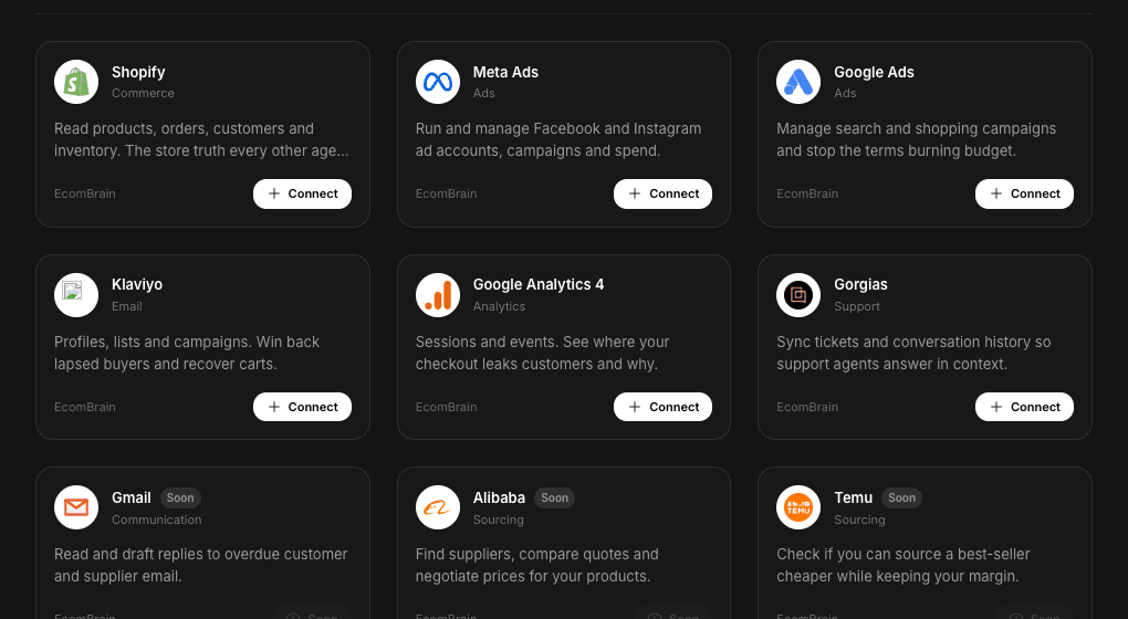 EcomBrain connectors catalogue showing ecommerce tools, channels, APIs, and agent sources