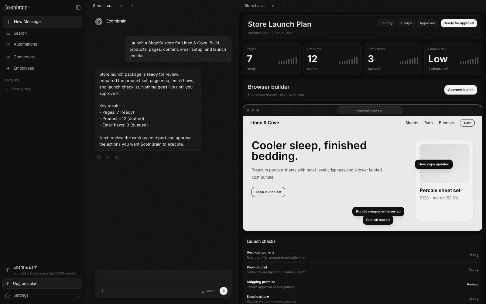 EcomBrain store launch workflow in the product app